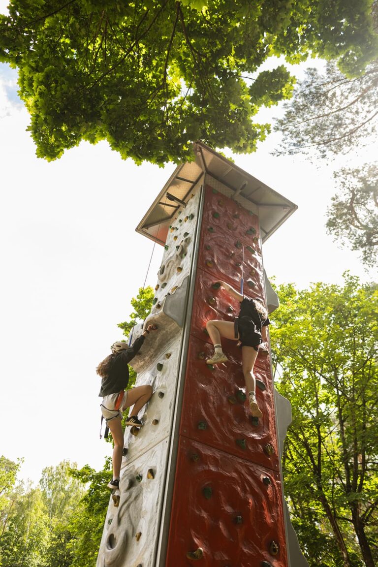 Dwie dziewczyny wspinają się po ściance wspinaczkowej na tle zieleni i nieba.
