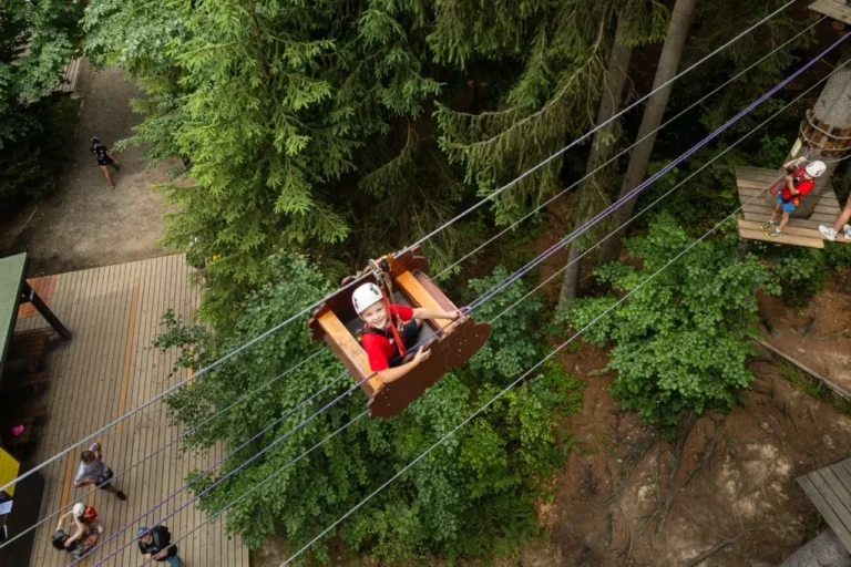 Chłopiec na huśtawce w parku linowym. Zabawa na wysokości wśród drzew.
