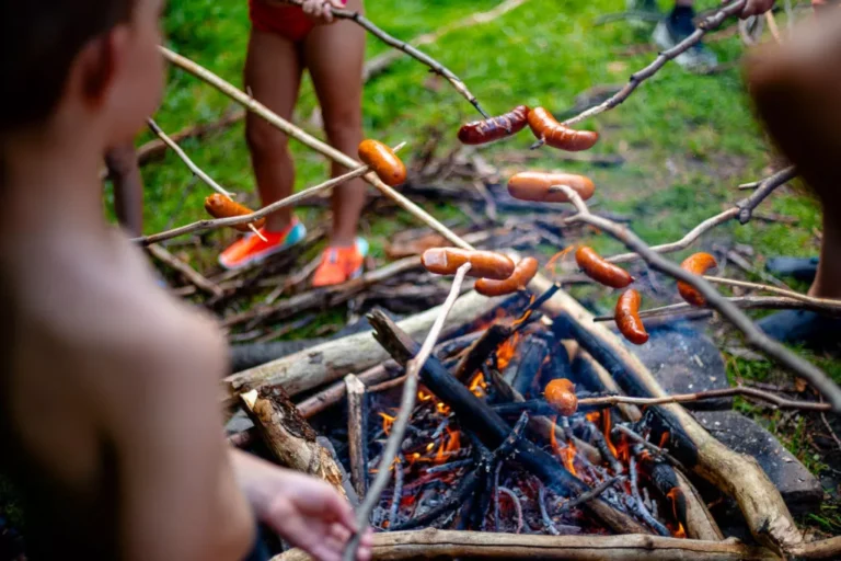 Kiełbaski pieczone nad ogniskiem. Letnie grillowanie, przyroda, dzieci.