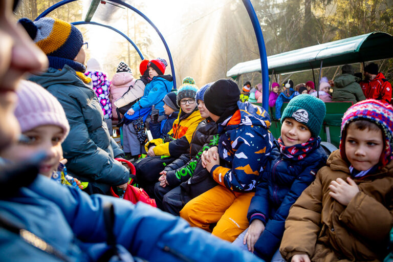 Dzieci w kolorowych kurtkach jadące w wagoniku kolejki leśnej.