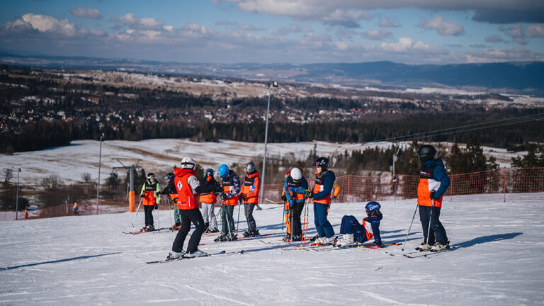 Grupa narciarzy na stoku. Zimowy krajobraz, nauka jazdy na nartach, aktywny wypoczynek.